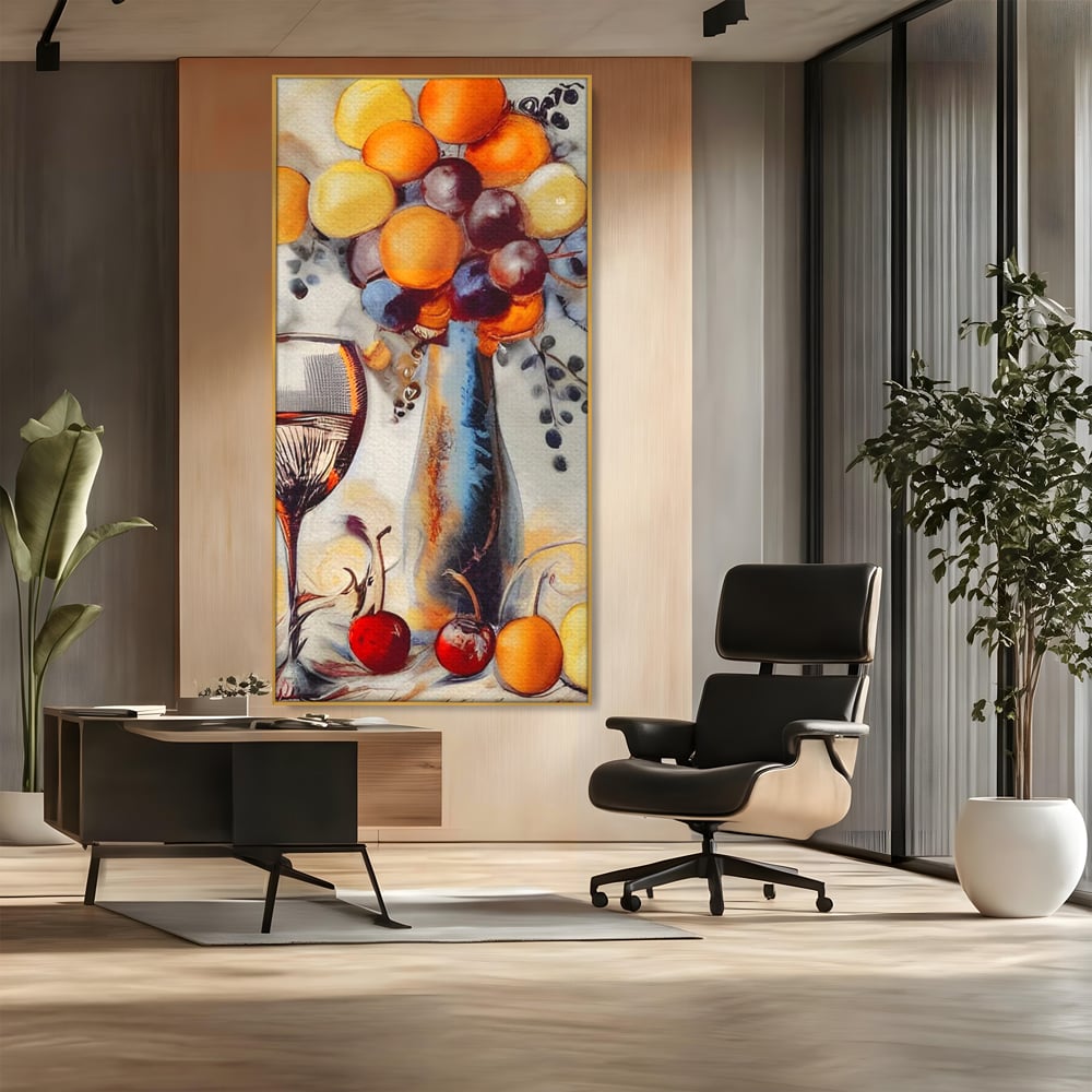 Tablou canvas cu tablou cu sticla, pahar de vin si fructe, in rama de aluminiu auriu, pe perete intr-un birou
